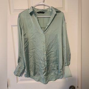 Zara Teal Silk Button Down Top Size Small